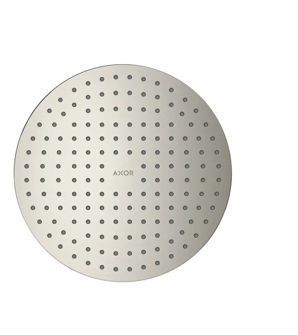 Runde Duschkopf aus Edelstahl mit vielen kleinen Düsen, beschriftet mit "AXOR", für Deckenmontage. Minimalistisches Design ohne sichtbare Halterung.